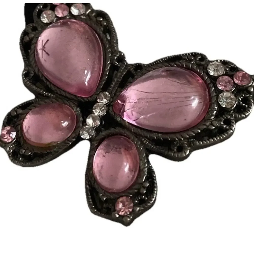 Pink Butterfly Ponytail Holder Jelly Clear Rhinestones Metal Hair Tie Elastic
